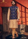 Blue Colour Latest Design Festive Wear Art Silk Digital Printed Kurta Pajama With Jacket Mens Collection 33007